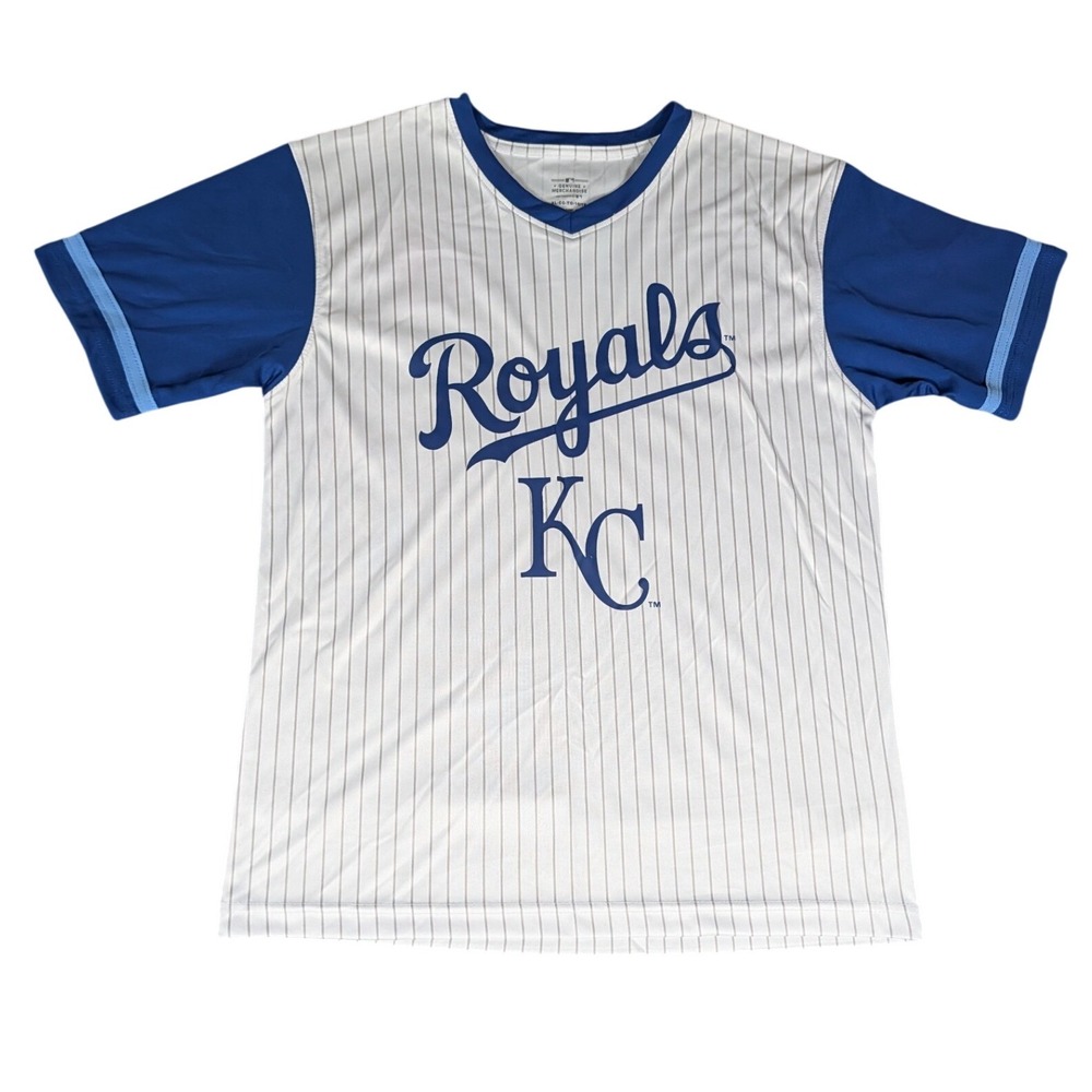 MLB Genuine Merchandise Kansas City Royals Pinstripe V-Neck T-Shirt Blue White